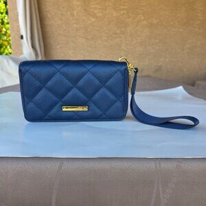 NWOT Joy Mangano Genuine Leather Luxe Dble Wallet Quilted Wrist Strap Blue